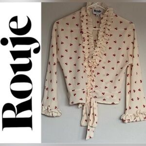 Rouje Paris Frou Frou Wrap Top Cherry Print Ruffle 36 XS/S